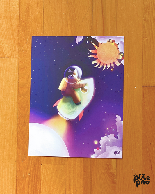 Raccoon en orbite / Affiche illustrée