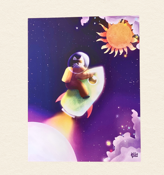 Raccoon en orbite / Affiche illustrée