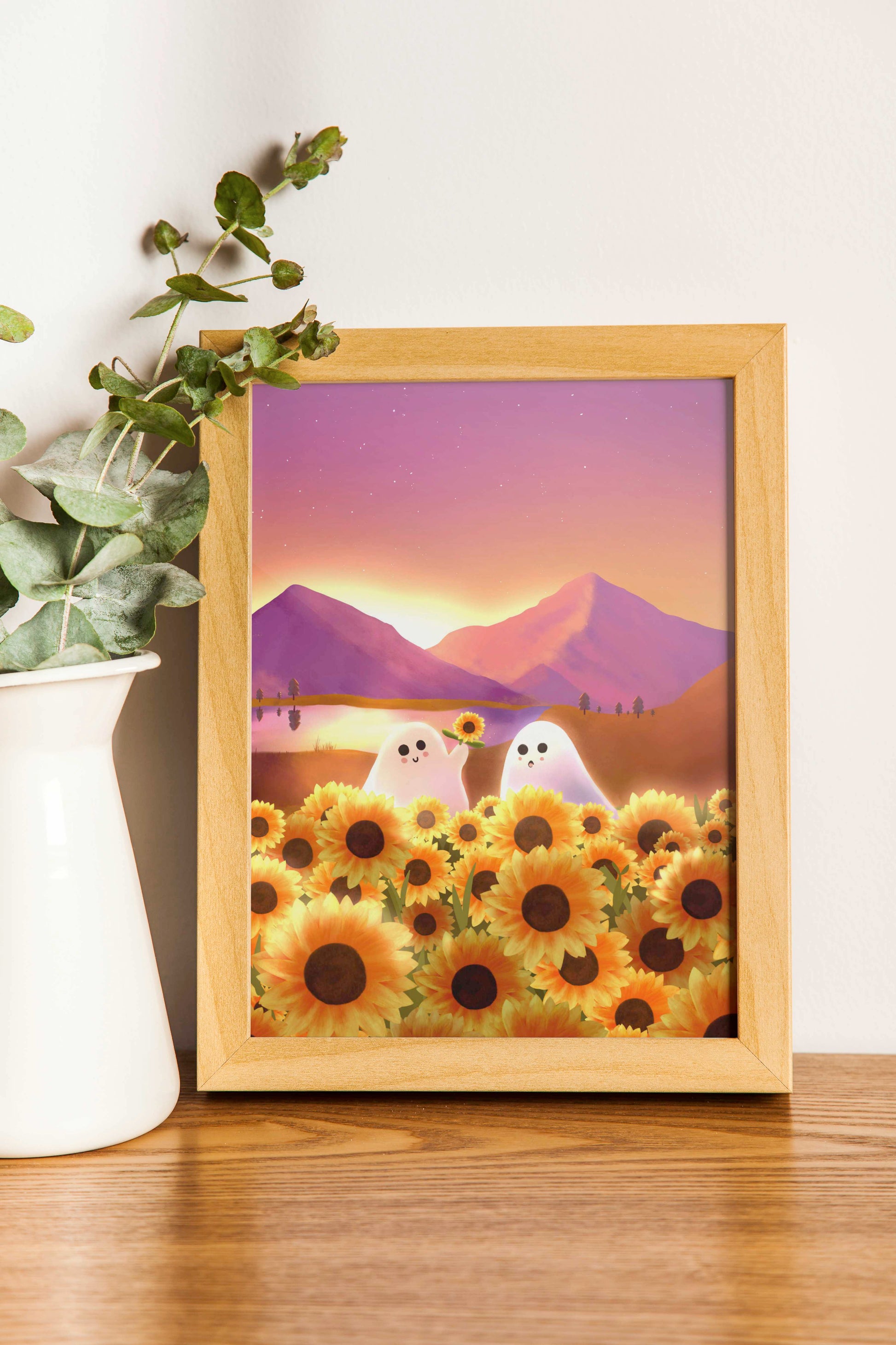 Affiche illustrée Dans les tournesols avec deux petits fantômes dans un champ de tournesols